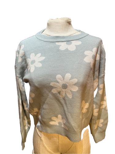 Womens No Boundaries Blue Sweater White Flowers Knit Size Large