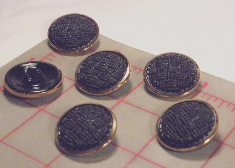 5 Czech Xtra Lg Glass Shank Buttons Black Woven Texture Gold Edge 1-1/8" 740 - Image 2 of 4