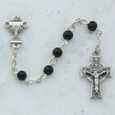 BLACK CELTIC ROSARY, STERLING SILVER CENTER AND CRUCIFIX WITH GIFT