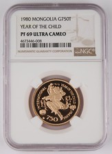 Mongolia 1980 750 Tugrik Gold Proof Coin Year of Child NGC PF69 0.5437 Oz AGW 4452.35 per troy oz