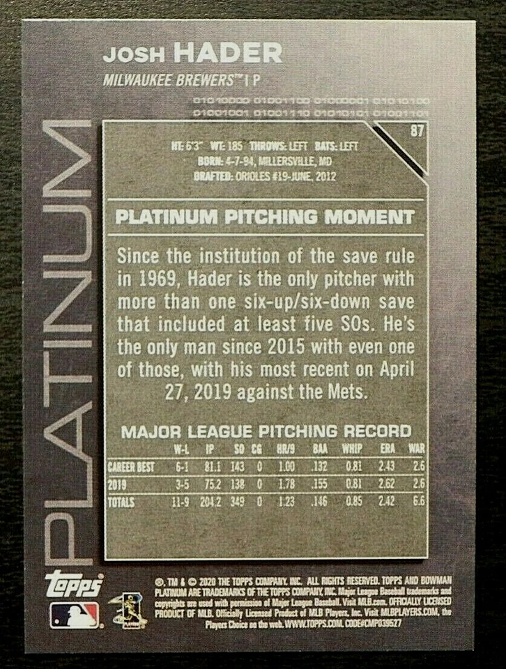 2020 Bowman Platinum ICE ICY PATTERN #87 Josh Hader Milwaukee Brewers - Image 2 of 2