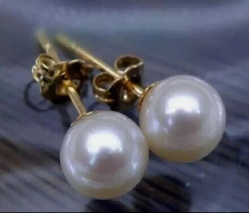 Perfect Round 8-9mm AAA+True White AKOYA Pearl Earrings 14K Gold - Afbeelding 2 van 4