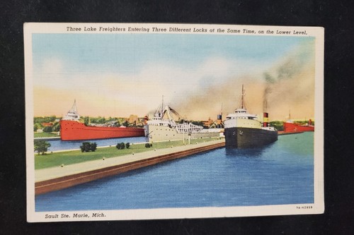 Lot of 3 Vintage 1930s Linen Postcards Sault Ste Marie, Michigan Soo Locks Ships - Picture 5 of 5