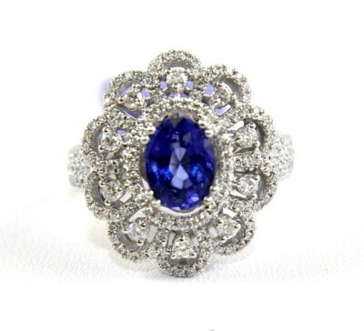Natural Oval Blue Sapphire & Diamond Halo Solitaire Ring 14k White Gold 2.26Ct
