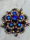 Gold Tone Pin Brooch Beautiful Vtg Blue Red Rhinestone