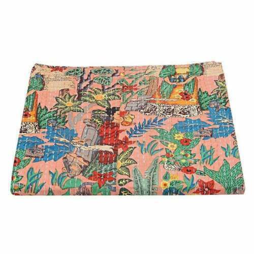 Multicolor Home Made Cotton Kantha Quilt Flower Print Bedspread Bed Cover Quilt - Picture 5 of 5
