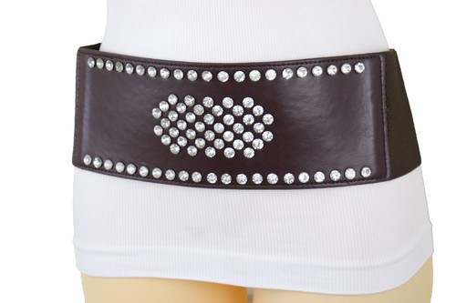 Women Dark Brown Elastic Wide Dress Up Trendy Belt Hip Waist Silver Shield M L - Picture 4 of 23