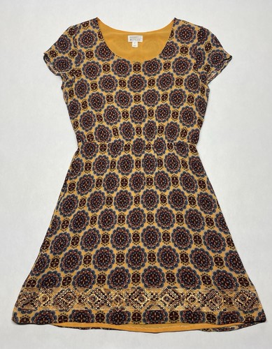 Golden Yellow Metallic Embroidered Mandala Dress Size S Boho Funky Artsy Autumn