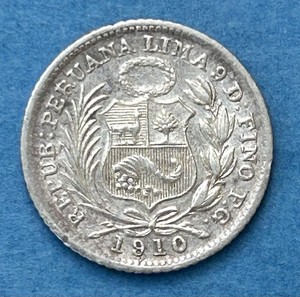 1910 Peru 1/2 Dinero Silver Coin