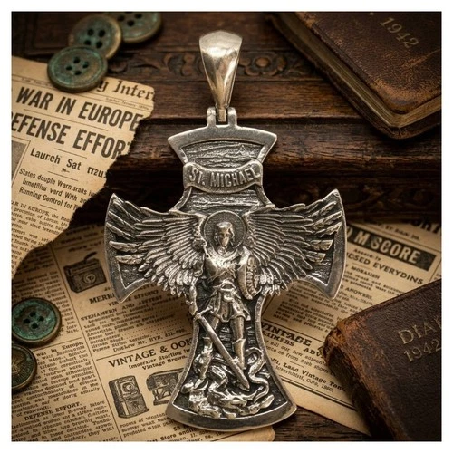 Buy 3 Get 1 Free Long Big Cross Saint Michael the Archangel Mens Silver Pendant