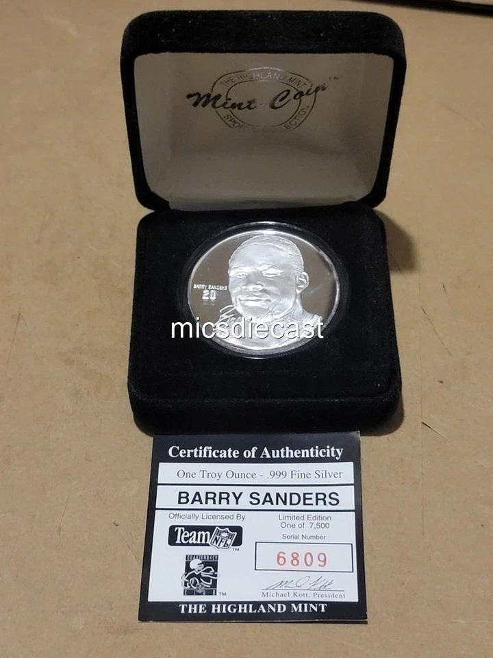 Auténtica moneda de plata de prueba Barry Sanders de la NFL de 1 oz como nueva sin circular .999 Foto 2 de 3