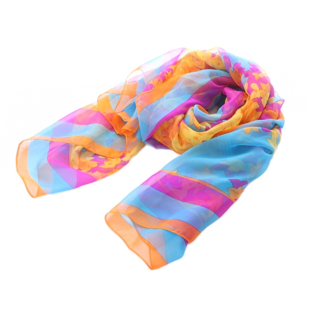 Yves Saint Laurent Scarf Orange Light Blue Pink Floral Pattern Women's Authentic