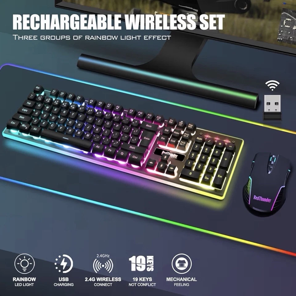 Black RedThunder K10 Wireless Gaming Keyboard & Mouse Combo (LED Backlit) - Image 2 of 4