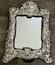 VINTAGE STERLING SILVER 925 TABLE EASEL MIRROR CHERUBS FLORAL MOTIFF   21”X16”