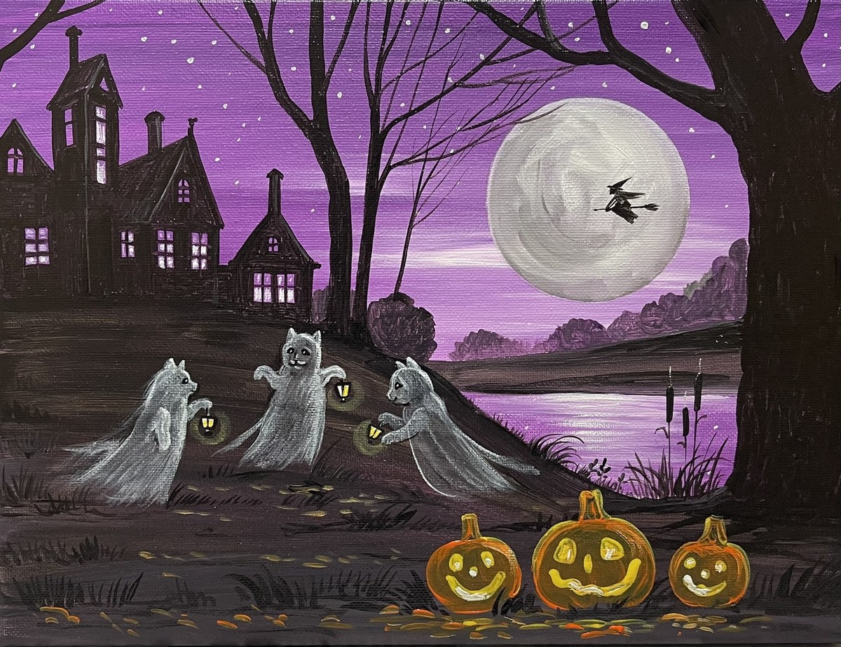 R*U様 【Halloween party】アクリル画 F6 風景画 絵画 8x10 Print of Painting RYTA ART Halloween Black Cat Witch Haunted