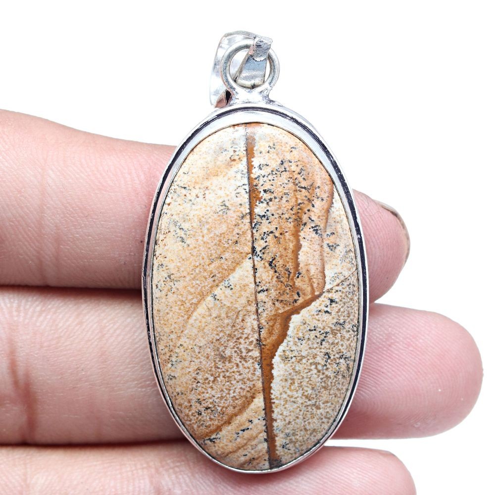 Handmade Silver Pendant with Picture Jasper Gemstone Gift for Her 2 Inch