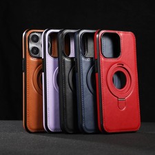 Mag Safe Leather Case For iPhone 16e 15 14 13 12 Pro Max Shockproof Stand Cover