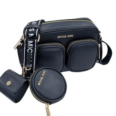 #ad Michael Kors Jet Set Item MD Pocket Crossbody Tech Attached Leather Bag Black $99.95