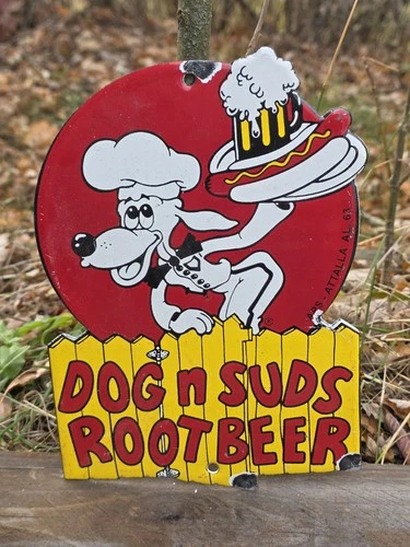 VINTAGE 1963 DOG N SUDS ROOTBEER PORCELAIN SIGN 9"x7".