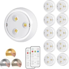 10 Pack LED Puck Light with Remote, 3 Color Battery Operated Dimmable White