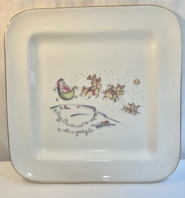 Vtg La Primula Holiday Serving Plate, gold rimmed ITALY Santa/Reindeer - NICE!