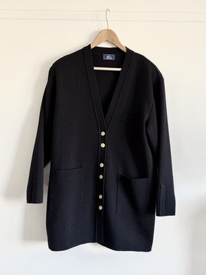 Vintage Saint James Damen schwarze Long Strickjacke mit Goldknöpfen Frankreich UK 18