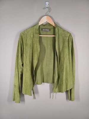 Me & Maya Jacket Womens Size Small Green Goat Suede Open Front Made In England
