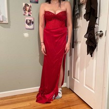 Red Satin Strapless Sweetheart Beaded Lace-Up Long Gown W/ Side Slit (READ DESC)