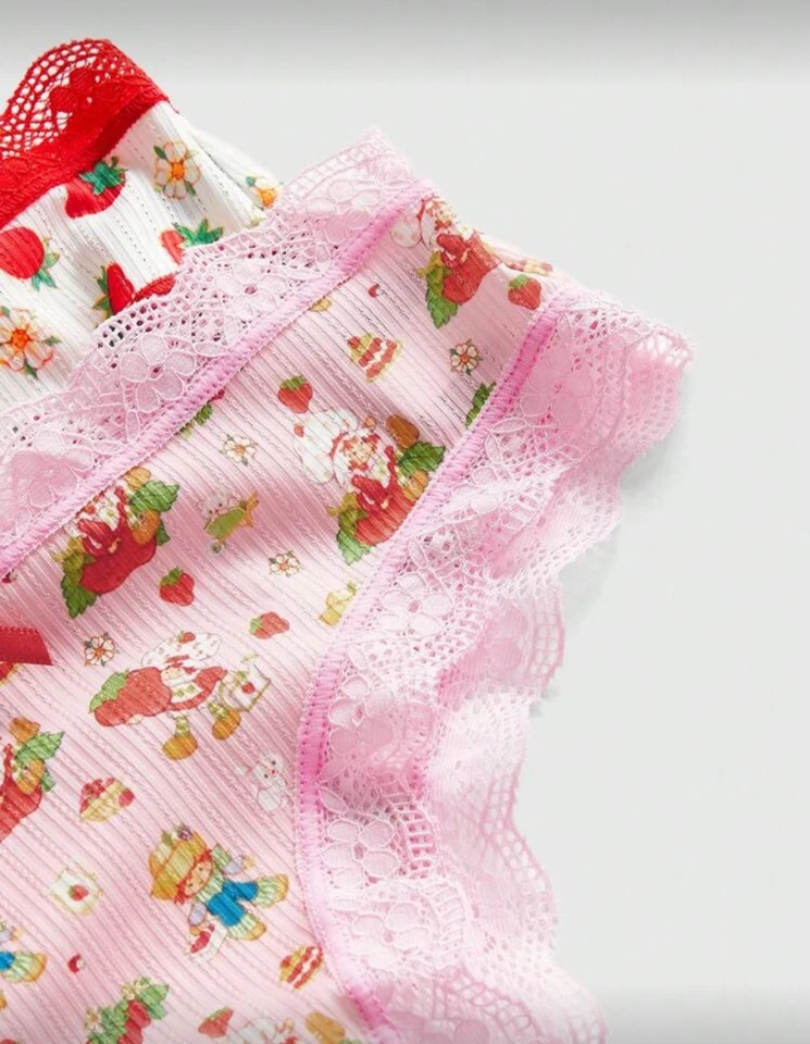 Juego de bragas Strawberry Shortcake 3 piezas Kawaii y2k lindo rojo rosa verde encaje acento Foto 4 de 4