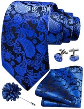 3.15"  8cm  Mens Paisley Tie and Lapel Pin Necktie Hankerchief Royal Blue -2