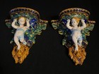 Pair Vintage Majolica Putti Cherub Wall Shelves-Ceramic Pottery Lion Head