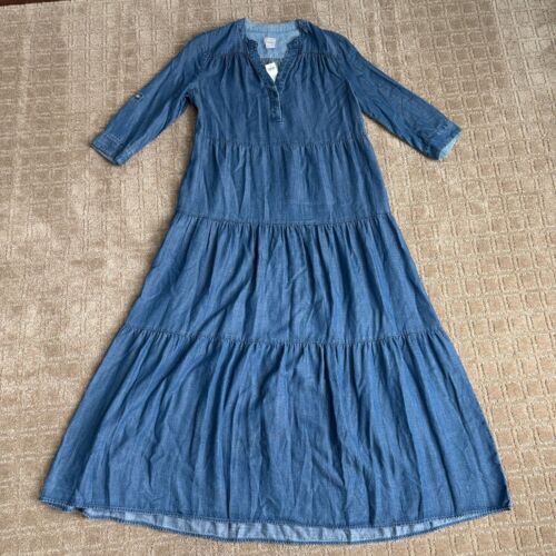 Chicos Tencel Tiered Maxi Dress Women's 2 Blue Chambray Western Cowgirl NWT