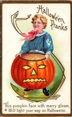 HALLOWE'EN PRANKS Embossed Pumpkin Face Little Boy Postcard