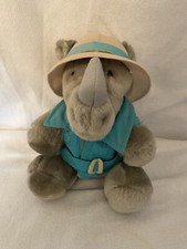 VTG 1987 Dakin Rhino Fun Farm Plush Safari Hat Turquoise Jacket Stuffed Animal