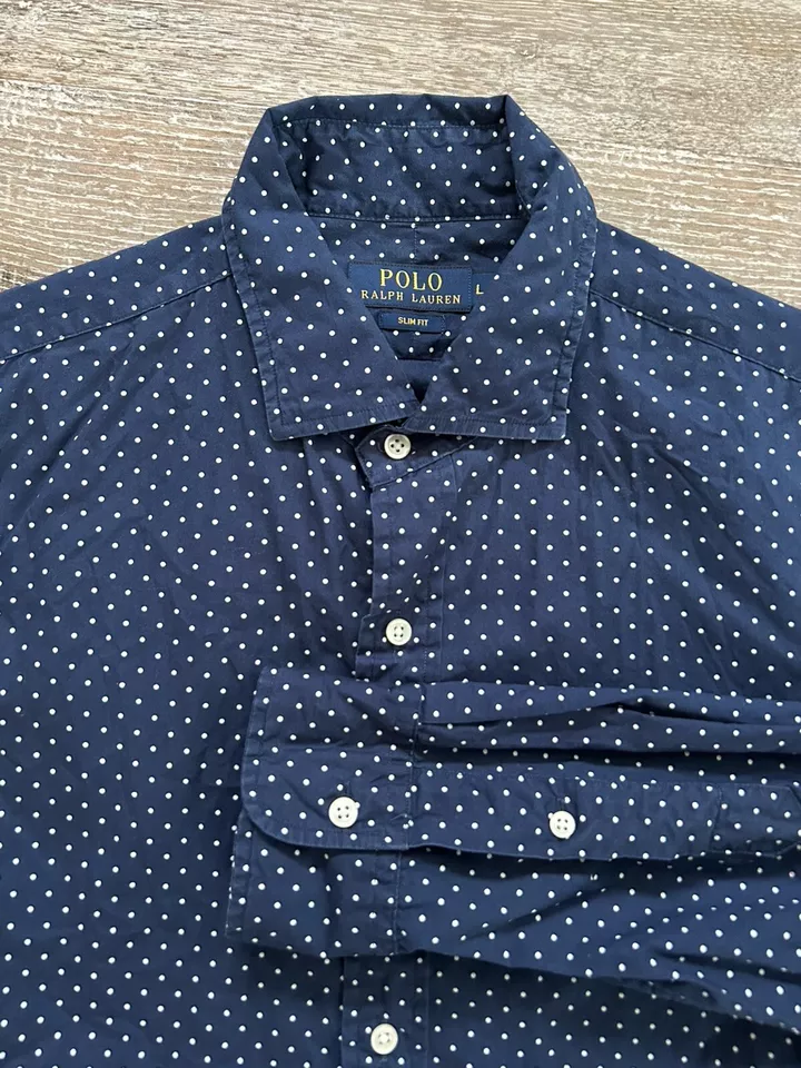 Camisa Polo Ralph Lauren Lunares Calce Ajustado Para Hombre Grande Azul Marino Punteada PRL Foto 3 de 4