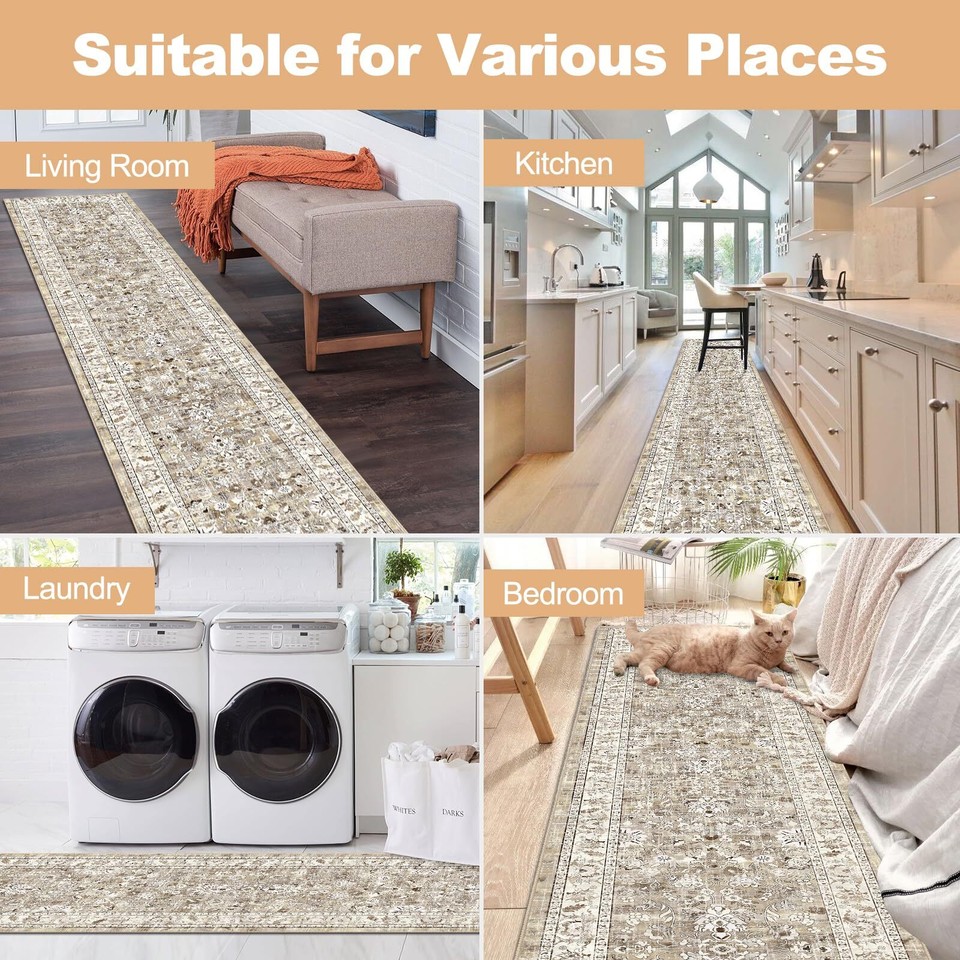 Washable Runner Rug, 2x10 NonSlip Vintage Farmhouse Hallway Runner Rug