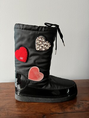Authentic Love Moschino 39/40 Embellished Hearts Logo Snow Chunky Boots New