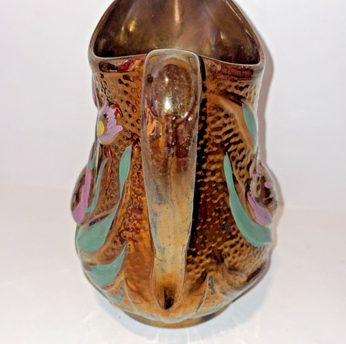 Vintage Copper Lustre Lusterware Pitcher Hand Painted Flower Design Ceramic - Picture 5 of 14