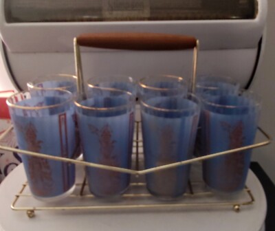 Vintage Blue Thai Lakorn Siam Goddess Federal Culver Drinking Glass Tumblers Set