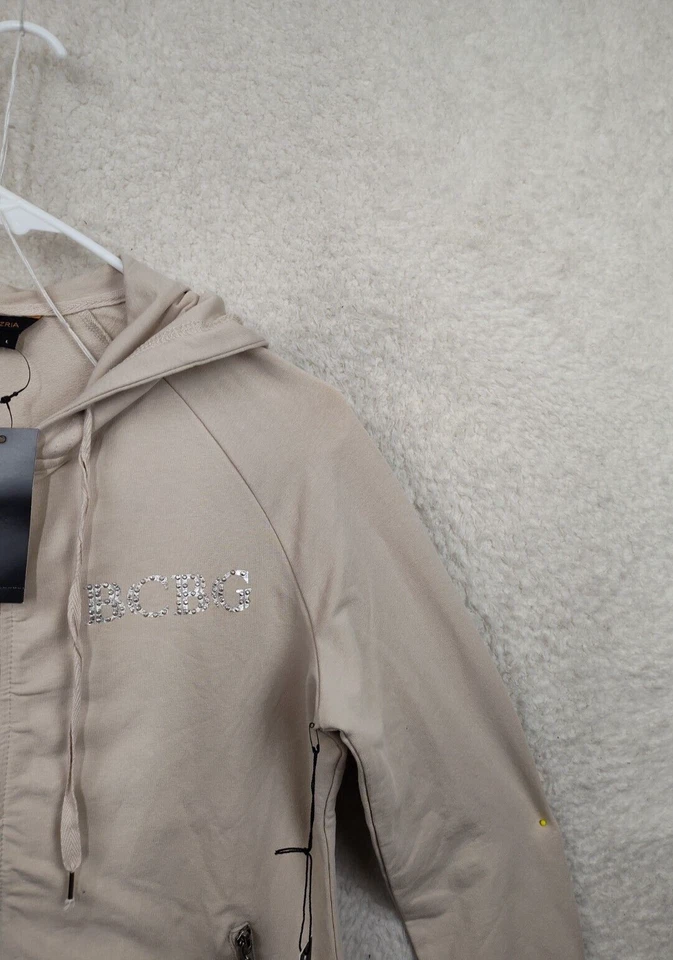 BCBGMaxazria Mujer Sudadera Grande Beige Mezcla de Algodón Cordón Cremallera Completa Sudadera con Capucha Foto 3 de 4