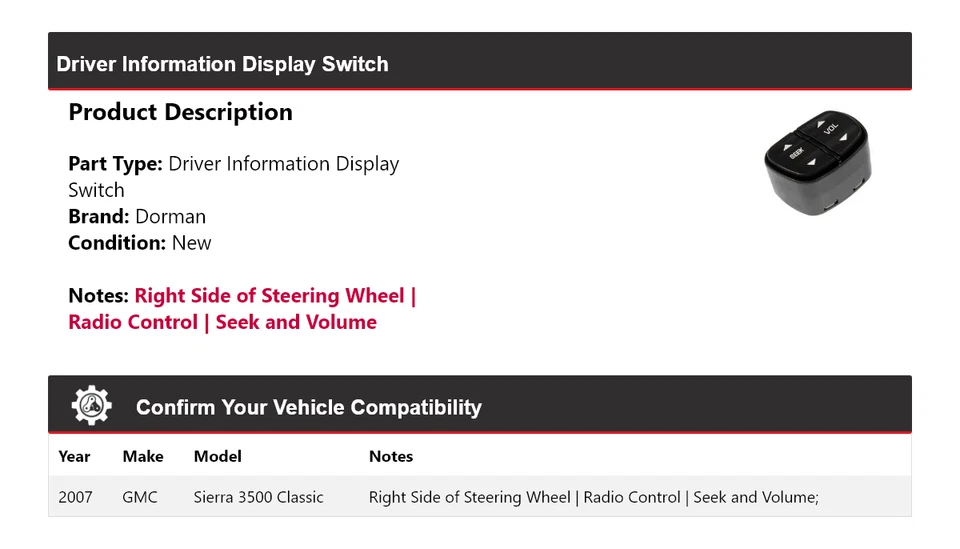 For 2007 GMC Sierra 3500 Classic Dorman Driver Information Display Switch - Image 2 of 4