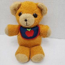 Vintage 1975 Fisher Price Orange Tan Teddy Bear Squeaker Apple Bib 814 11"