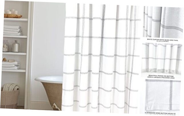 White & Black Ellis Design Shower Curtain with Fringe Tassels