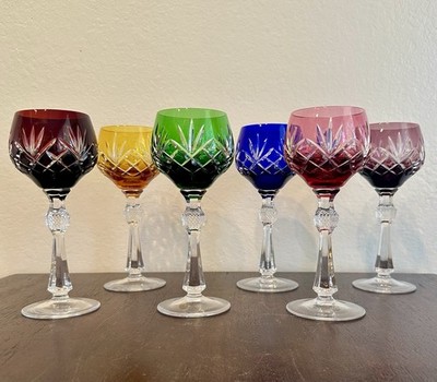 6 Vintage Cut Clear Crystal Wine Glasses Bohemian Czech West German Style 7.5 H