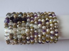 Set of 13 Pcs Handmade Stretch Beaded White Glass Pearl Silver Purple Bracelet