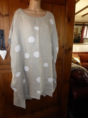 Made In Italy 100% Linen Taupe & White Circle Print Lagenlook Arty Tunic Dress