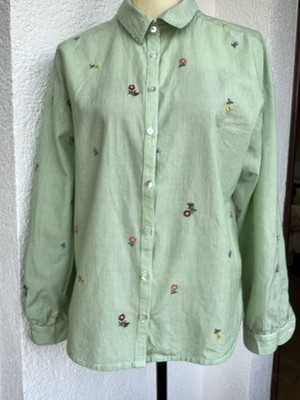 Neu Mercer & Medison Bluse S Grün gestreift Stickereien Blumen Baumwolle Ostern