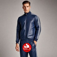 Men's Real Lambskin Navy Blue Leather Track Suit Sweatsuit Jogging Tracksuit