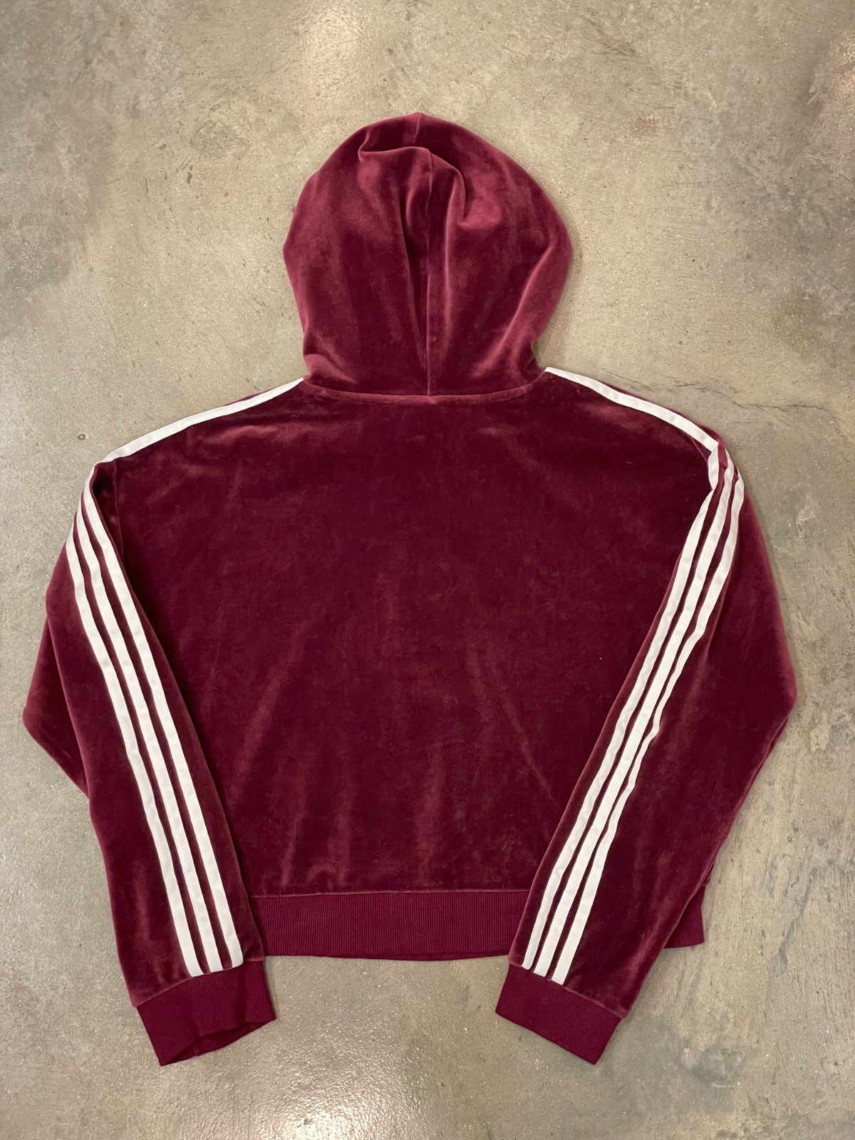 Adidas Velour Hoodie Womens S Maroon 3 Stripe Velvet Drawstring Y2K Style Jacket thumbnail 2