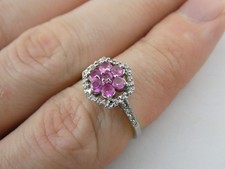 EC Sterling Silver Pink Sapphire and White CZ Flower Ring 925 Size 7.25 2.8g